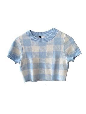 H&M White and Blue Checkered Knit Top XS NWOT